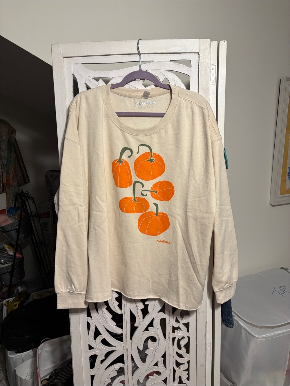Marimekko Cream Long-Sleeve Tee with Orange Pumpkin Motif